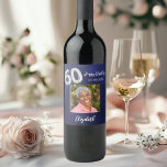 60th Birthday navy blue photo Wine Label<br><div class="desc">A navy blue background. The blue color is uneven. Personalize and add a date,  name and a photo.  Age number written with a faux silver looking balloon style font.</div>