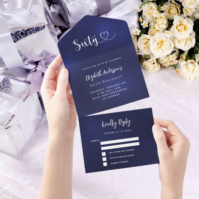 60th Birthday navy blue silver rsvp All In One Invitation (Creator Uploaded)