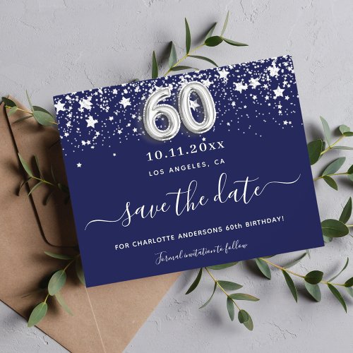 60th birthday navy blue silver save date budget flyer