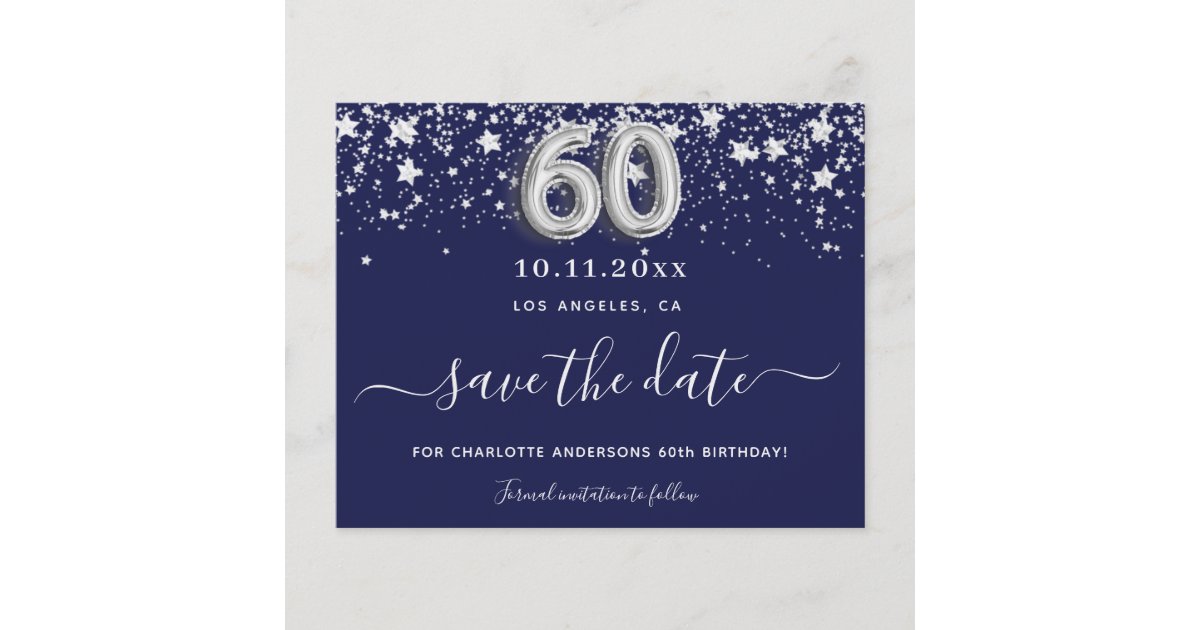 60th birthday navy blue silver save date budget flyer | Zazzle