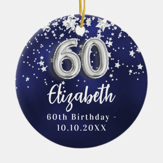 60th birthday navy blue silver stars ceramic ornament (Front)