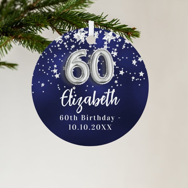 60th birthday navy blue silver stars glass ornament (Creator Uploaded)