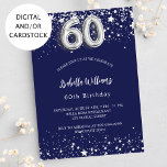 60th birthday navy blue silver stars invitation<br><div class="desc">A modern,  stylish and glamorous invitation for a 60th birthday party.  A navy blue background,  decorated with faux silver stars. Personalize and add your name and party details.  Number 60 is written with a balloon style font.</div>