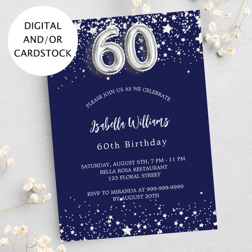 60th birthday navy blue silver stars invitation
