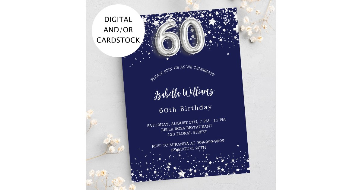 60th birthday navy blue silver stars invitation