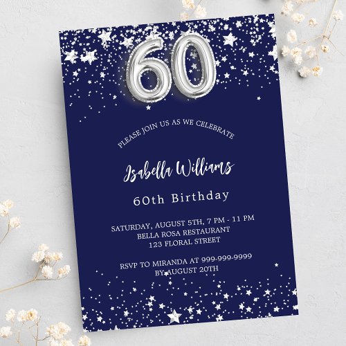 60th birthday navy blue silver stars luxury invitation