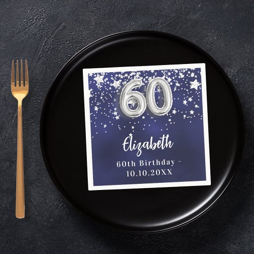 60th birthday navy blue silver stars napkins