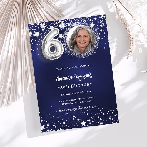 60th birthday navy blue silver stars photo invitation