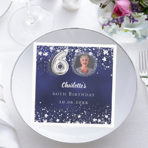 60th birthday navy blue silver stars photo napkins