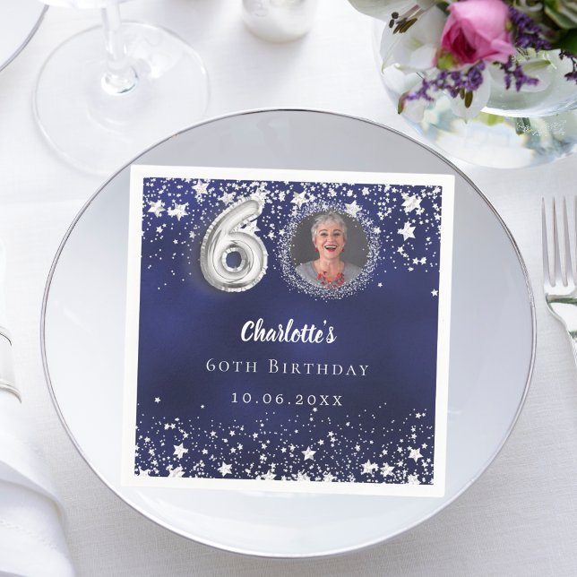 60th birthday navy blue silver stars photo napkins (Creator Uploaded)