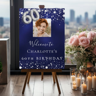 60th birthday navy blue silver stars photo welcome foam board