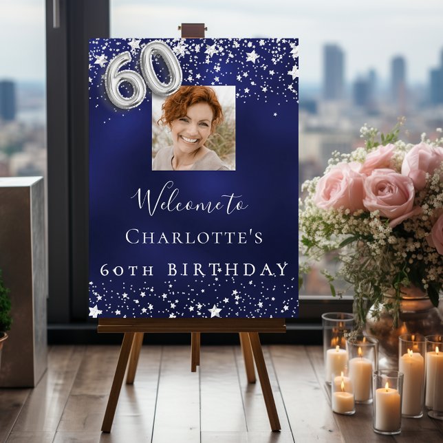 60th birthday navy blue silver stars photo welcome foam board (Creator Uploaded)
