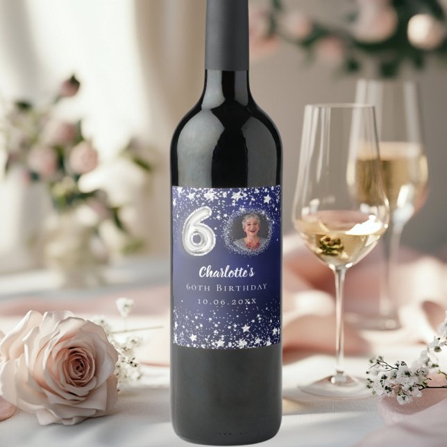 60th birthday navy blue silver stars photo wine label (Creator Uploaded)