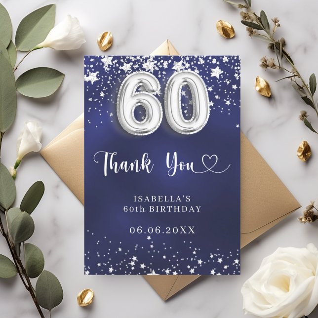 60th birthday navy blue silver stars thank you card (Creator Uploaded)