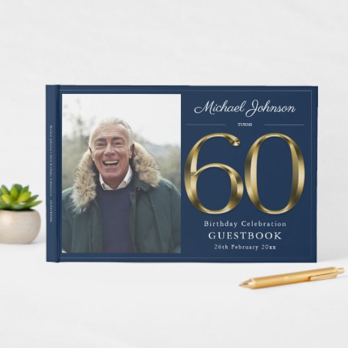 60th Birthday Navy Blue Solid Gold Custom Photo Guest Book