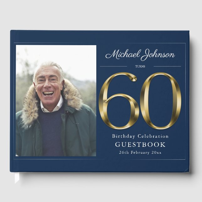 60th Birthday Navy Blue Solid Gold Custom Photo Guest Book (Front)