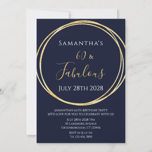 60th Birthday Navy Gold Birthday Invitation