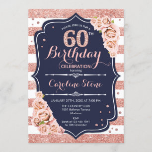 60th Birthday - Navy Rose Gold and White Stripes Invitation