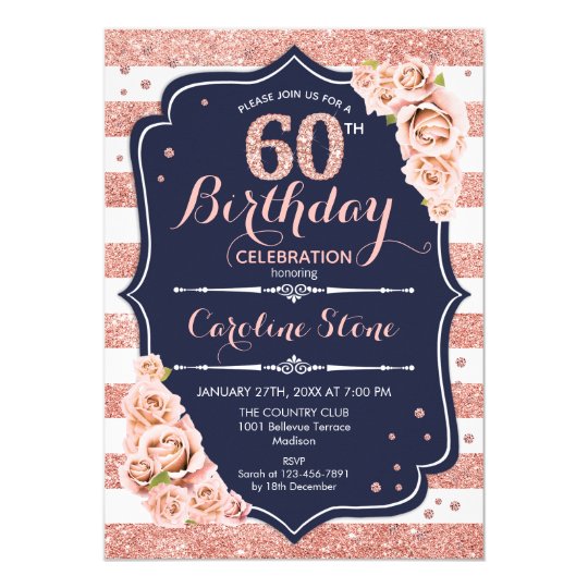 60th Birthday - Navy Rose Gold and White Stripes Invitation | Zazzle.com