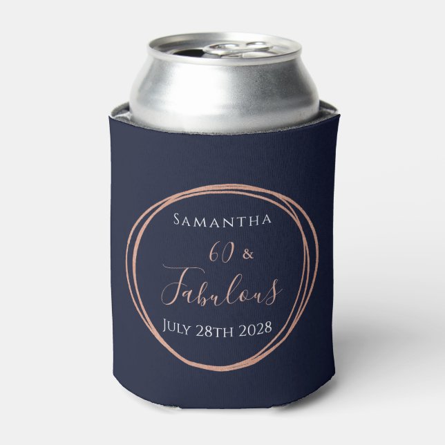 60th Birthday Navy Rose Gold Party Can Cooler (Can Front)