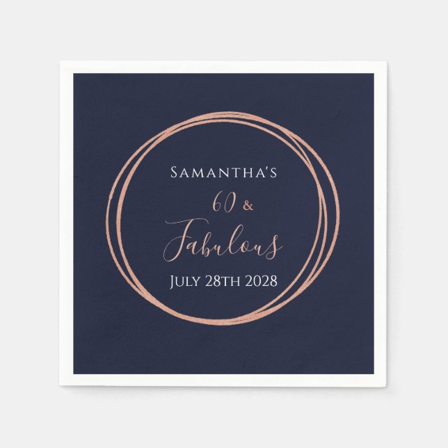 60th Birthday Navy Rose Gold Party Napkins (Front)