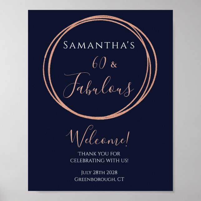 60th Birthday Navy Rose Gold Party Welcome Poster (Front)