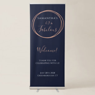60th Birthday Navy Rose Gold Party Welcome Retractable Banner