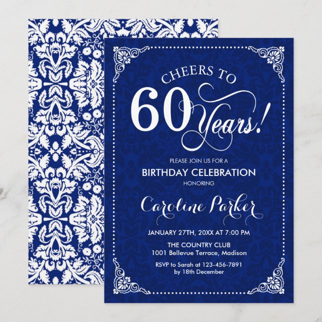 60th Birthday - Navy White Damask Invitation (Front/Back)