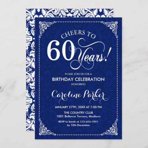 60th Birthday _ Navy White Damask Invitation