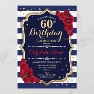 60th Birthday - Navy White Stripes and Red Roses Invitation