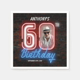 60th Birthday Neon 80s Retro Modern Custom Photo Napkins