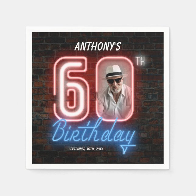 60th Birthday Neon 80s Retro Modern Custom Photo Napkins (Front)
