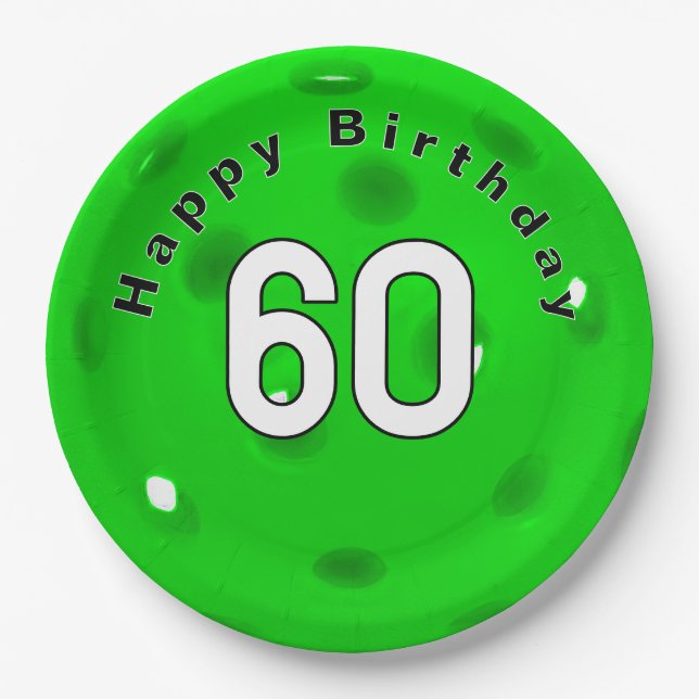 60th Birthday Neon Green Pickleball Paper Plates (Front)