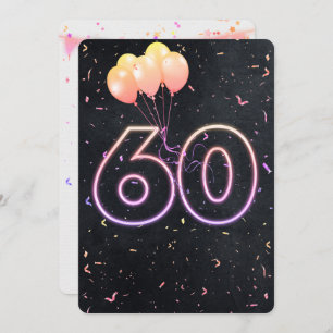 60th Birthday Neon Sign On Black Invitation