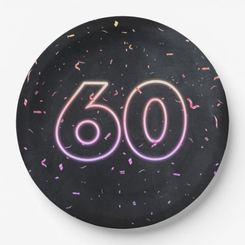 60th Birthday Neon Sign On Black Paper Plate