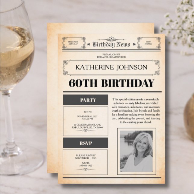 60th Birthday Newspaper 1 Photo Invitation (Creator Uploaded)
