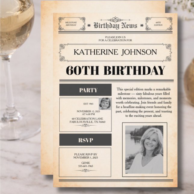 60th Birthday Newspaper 2 Photo Invitation (Creator Uploaded)