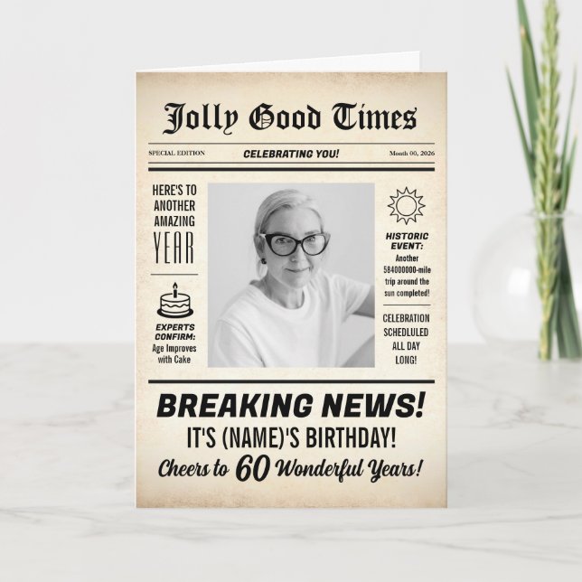 60th Birthday Newspaper, Add Photo, Personalized Card (Front)