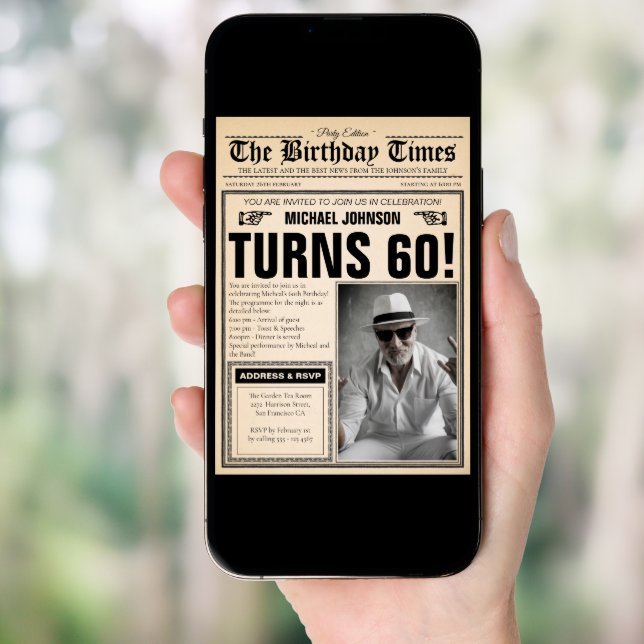 60th Birthday Newspaper Cover Humour Custom Photo Invitation (Front Digital)