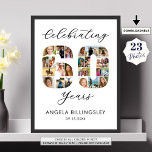 60th Birthday Number 60 23 Photo Collage Poster<br><div class="desc">60th Birthday Number 60 23 Photo Collage Poster Print. Celebrate a 60th birthday with this customizable photo sign featuring your custom title (shown with CELEBRATING 60 YEARS in an editable modern calligraphy script typography), a photo collage of 23 pictures in the shape of the number 60 and name and birthdate...</div>