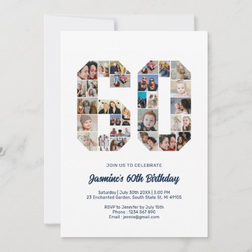 60th Birthday Number 60 Custom Photo Collage Invitation