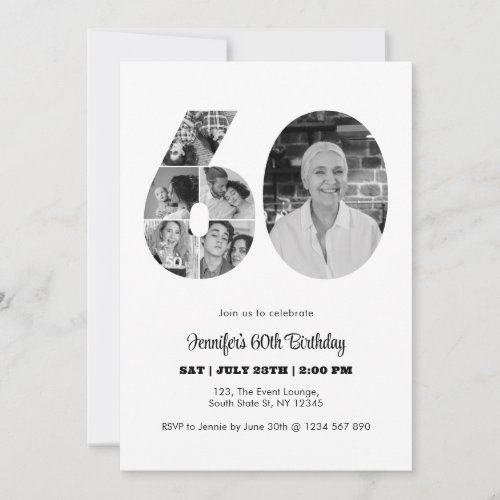 60th Birthday Number 60 Photo Collage Black White Invitation