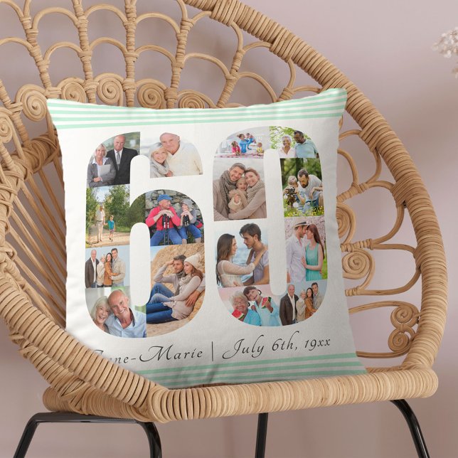 60th Birthday Number 60 Photo Collage Mint Green Throw Pillow (Creator Uploaded)