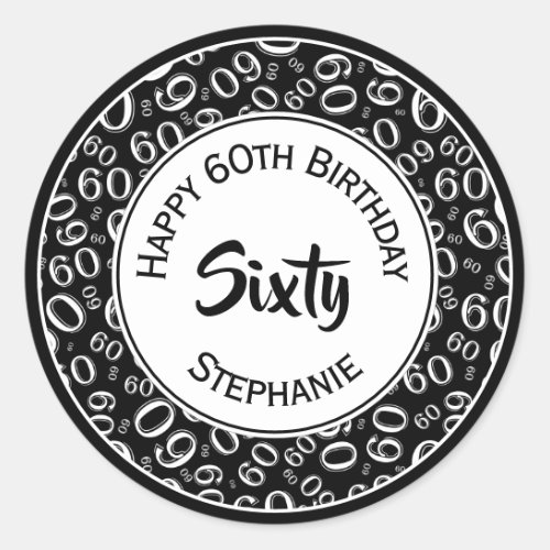 60th Birthday Number Pattern 60 Black and White Classic Round Sticker
