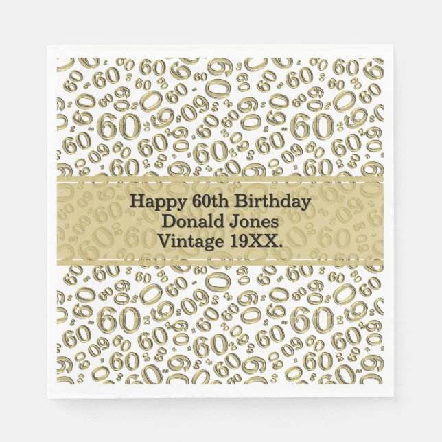 60th Birthday Number Pattern Gold and White Napkins (Front)