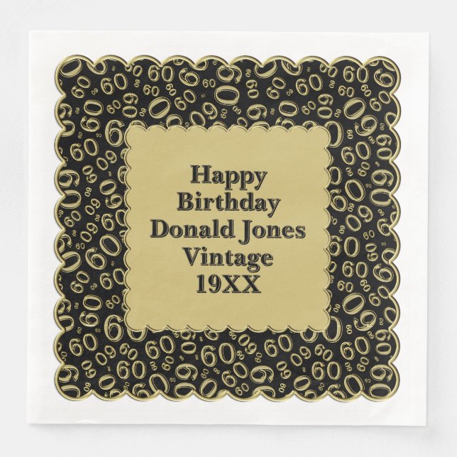 60th Birthday Number Pattern Scallops Black Gold Paper Dinner Napkins (Front)