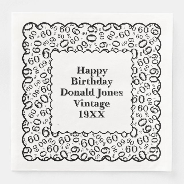 60th Birthday Number Pattern Scallops Black/White Paper Dinner Napkins (Front)