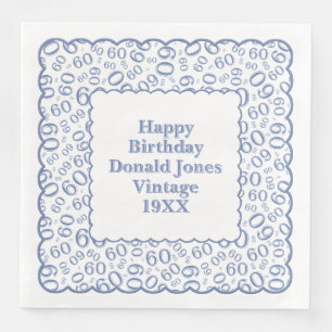 60th Birthday Number Pattern Scallops Blue/White Paper Dinner Napkins
