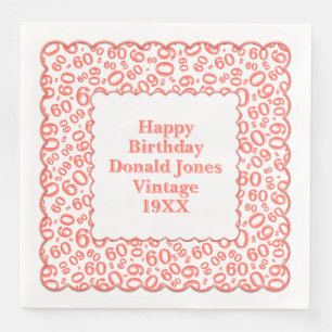 60th Birthday Number Pattern Scallops Coral/White Paper Dinner Napkins