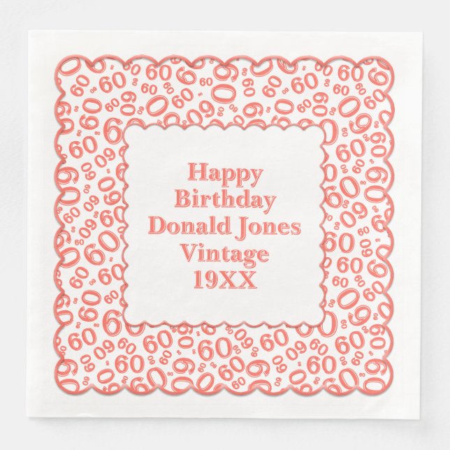 60th Birthday Number Pattern Scallops Coral/White Paper Dinner Napkins (Front)